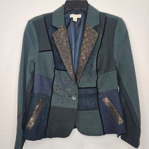 Coldwater Creek Embroidered Patchwork Blazer Jacket Womens P8 Blue Teal Metalic - Picture 1 of 14